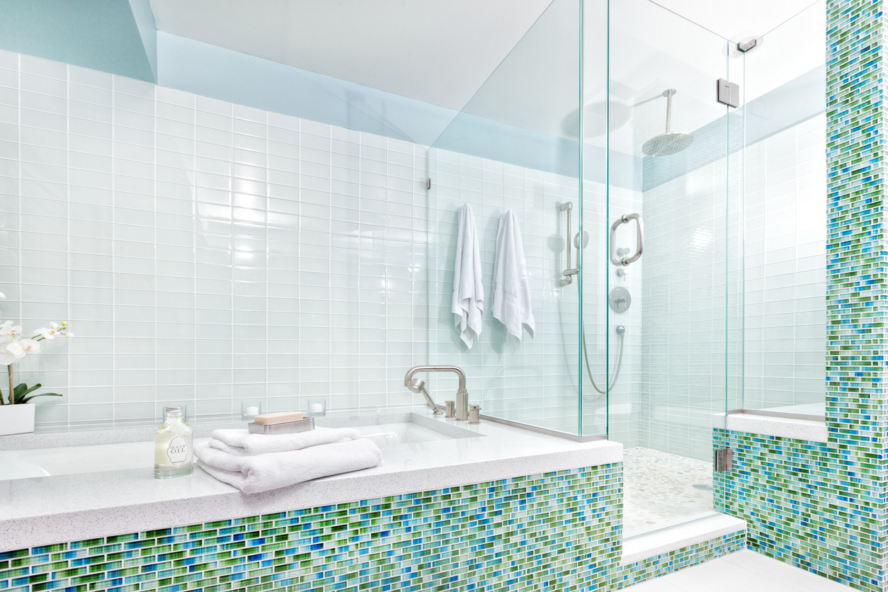 Contemporary Home Bathroom with Shower Stall, Tub and Glass Tiles